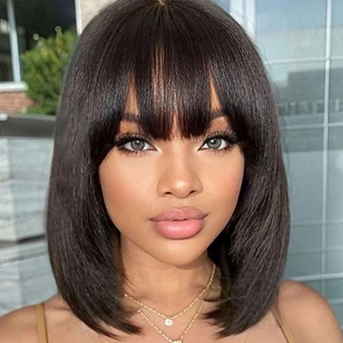 4x4 5x5 Straight Short Bob Wig Glueless Virign Human Hair Wigs With Bangs For Women