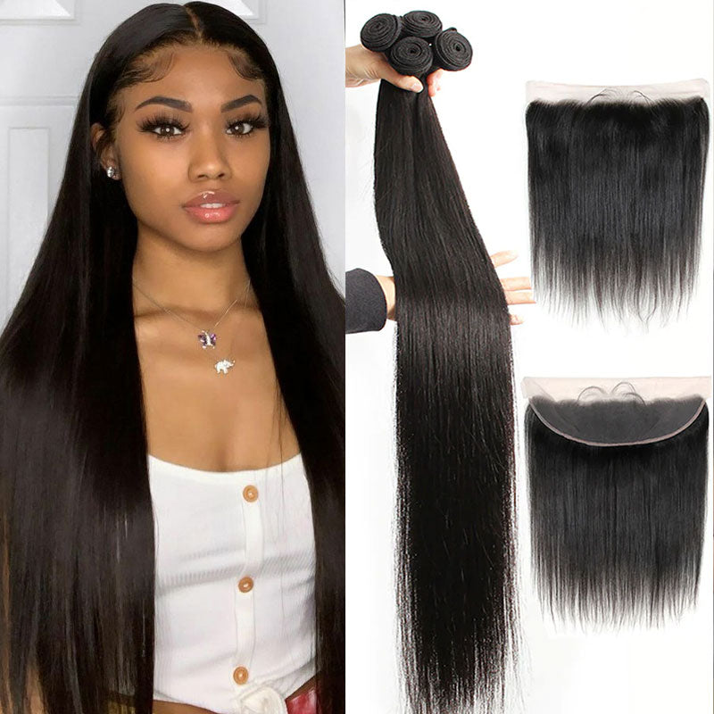 3 Bundles +1 Frontal Silky Straight Natural Color Cuticle Aligned Human Hair Bundles