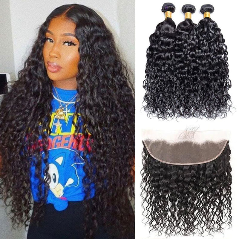 3 Bundles +1 Frontal Water Wave Natural Color Cuticle Aligned Human Hair Bundles